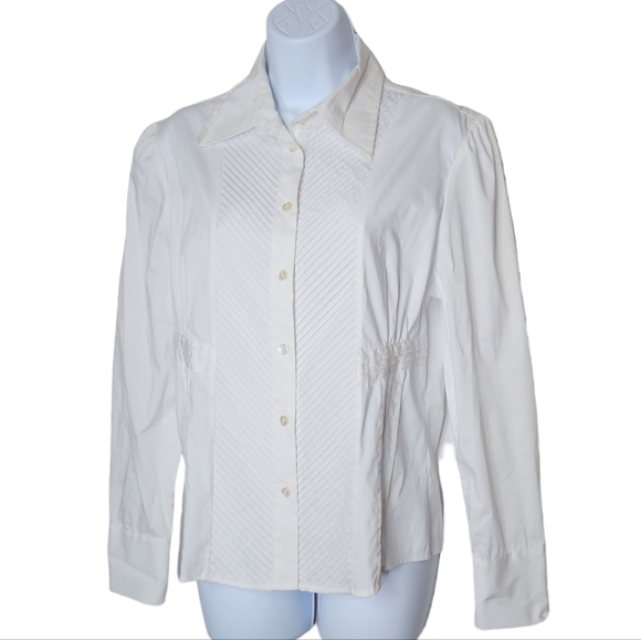 Samuel Dong Pleated Ruffle Button Up White Dressy Shirt Size Medium Women's - Picture 1 of 11